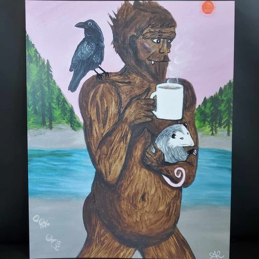 Bigfoot, Opossum Raven Coffee PNW, 11x14 Art Print, Gloss